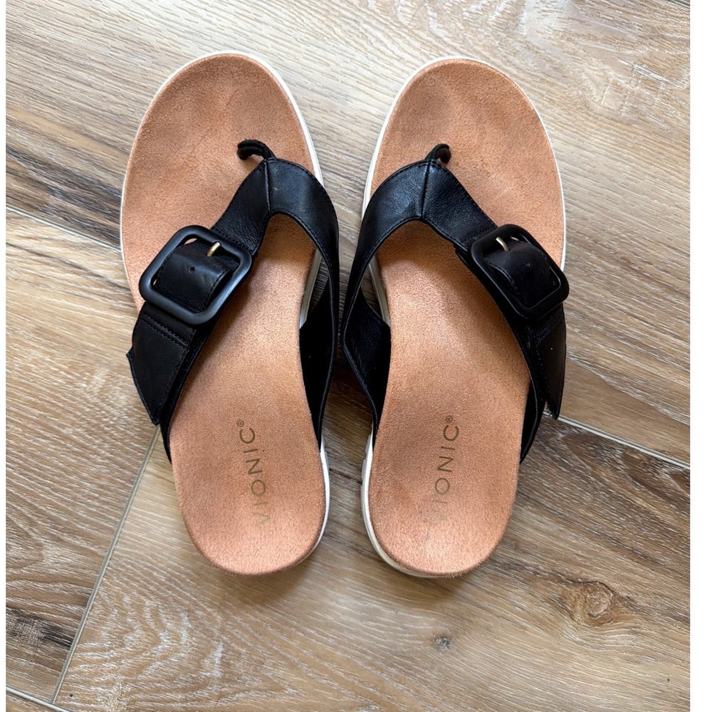 Vionic Uptown Marin Black Leather Platform Thong Sandals Sz 6.5 Orthotic Beachy - Picture 2 of 10